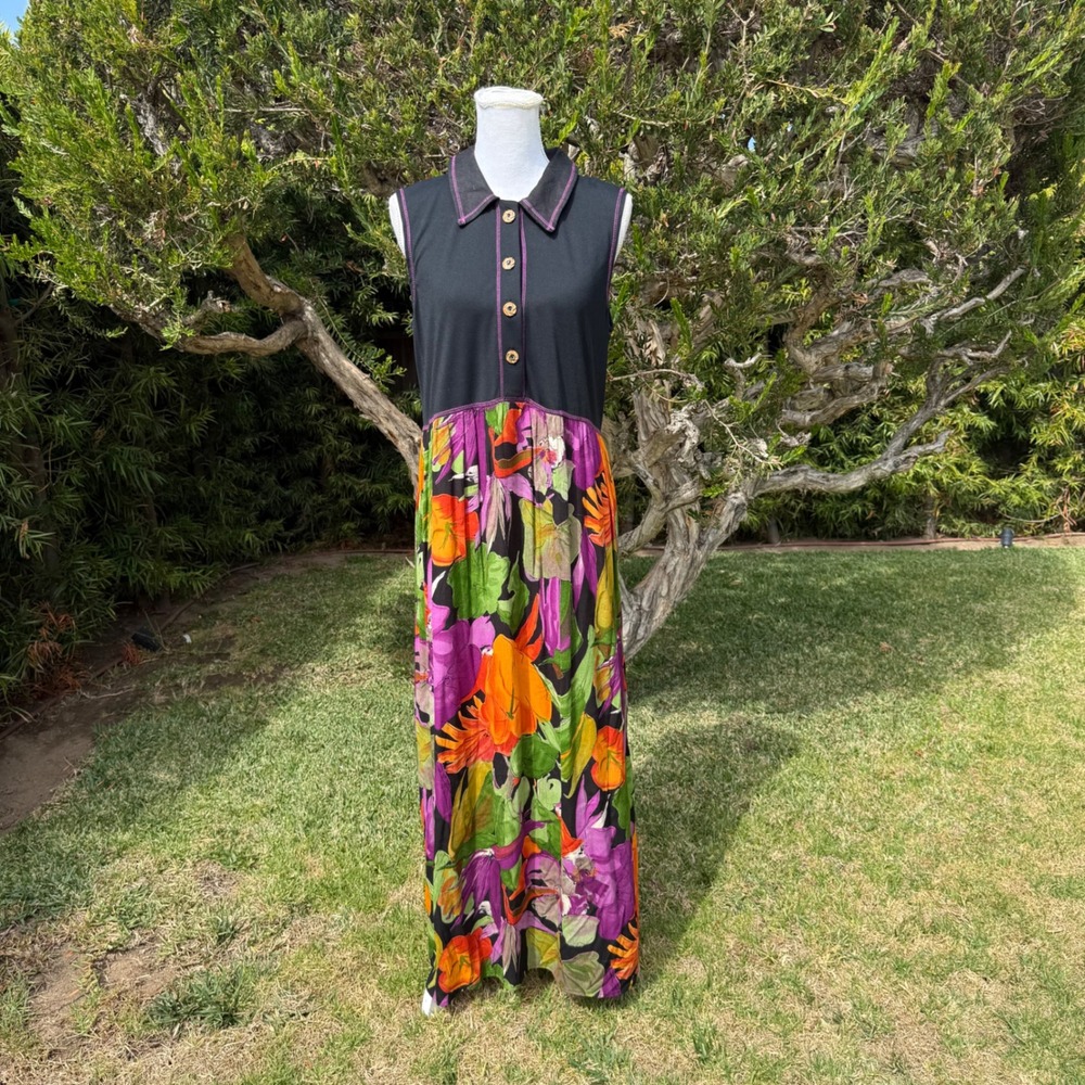 Carole Little Sleeveless Maxi Dress Black Floral Tropical Button Front USA 10 - Picture 3 of 10